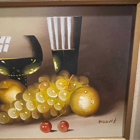 Beautiful Framed Oil Painting Wine & Fruit Still Life Signed Riddick 15x13 - Picture 6 of 13